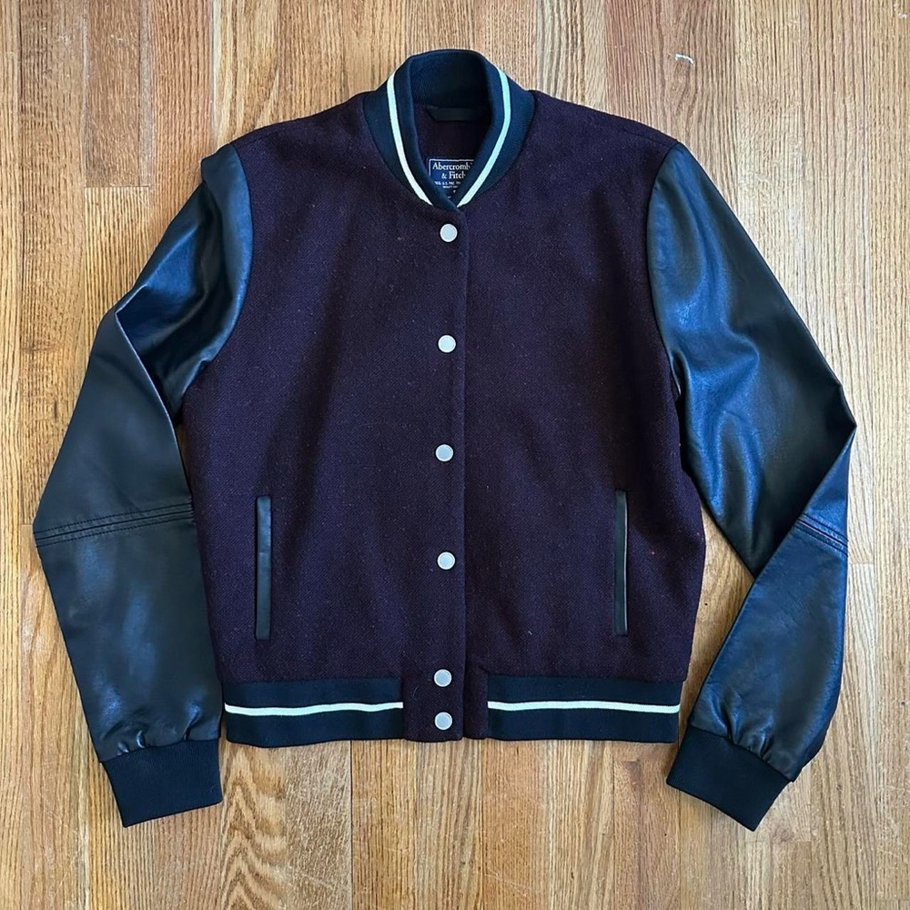 Abercrombie & Fitch burgundy varsity jacket with faux leather sleeves